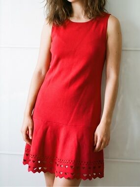 Ann Taylor Red Sleeveless Mini Dress with Scalloped Hem